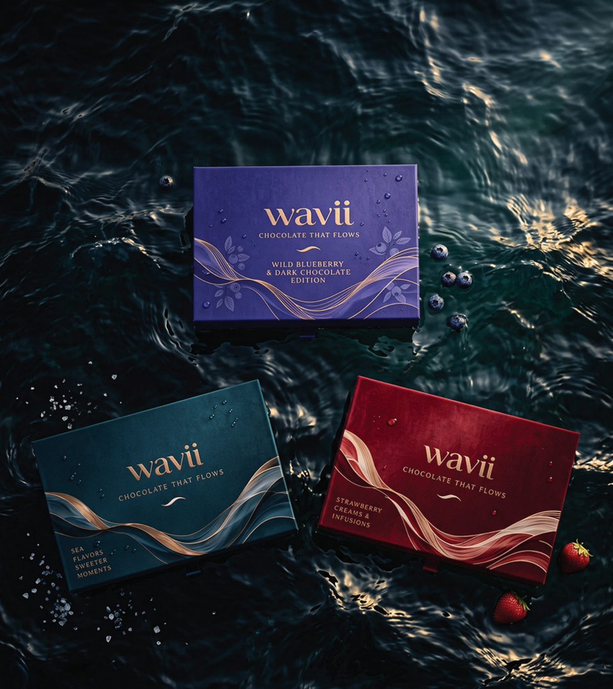 WAVII gift boxes floating on dark water